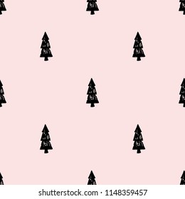 Seamless vector pattern with nice black christmas trees on pink background. Simple flat style.Hand drawn trees. Christmas edition. Perfect for greeting cards, wrapping paper, banners, etc.