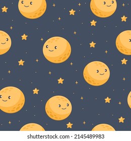 Seamless vector pattern. Nice smiling moon, stars, space. Pattern for children's clothes 