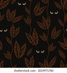 Seamless vector pattern with night animal forest on black background. Simple scary eye wallpaper design. Decorative night jungle fashion textile.