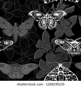 Seamless vector pattern with night butterflies and orchids on a black background.