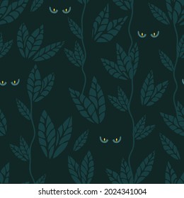 Seamless vector pattern with night forest animal on black background. Simple looking eye wallpaper design. Decorative dark floral fashion textile.