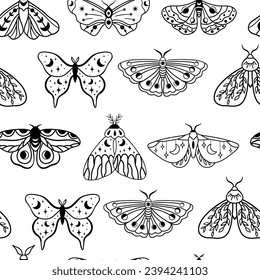 Seamless vector pattern with night moths with moon and crescent moon. Hand drawn black celestial doodle moth on white.