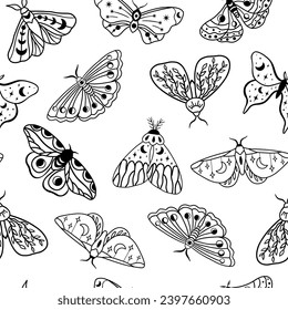Seamless vector pattern with night moths with moon and crescent moon. Hand drawn black celestial doodle moth on white.