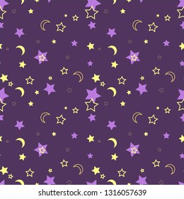 Seamless vector pattern.The pattern of the night sky. Starry sky with a month. Gold stars on a purple background.