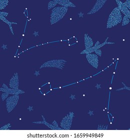 Seamless vector pattern with night sky. Constellation, stars, comets. Flying  fish.
