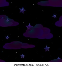 Seamless vector pattern with night sky, clouds and glowing stars.