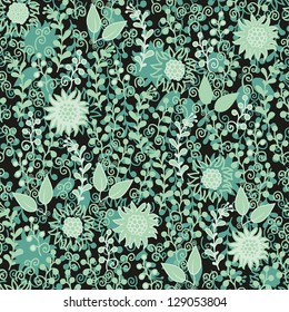 Seamless vector pattern with night turquoise - green flowers
