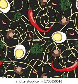 Seamless vector pattern with noodle soup ingredients on black background. Healthy food wallpaper design with egg, hot chillies and mushrooms. Ideal for kitchen textile fashion.