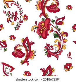 Seamless vector pattern with norwegian folk ornament. Rosemaling style. Hand drawn illustration. Background for greeting card, website, printing on fabric, gift wrap, postcard and wallpapers. 