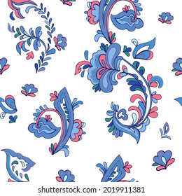 Seamless vector pattern with norwegian folk ornament. Rosemaling style. Hand drawn illustration. Background for greeting card, website, printing on fabric, gift wrap, postcard and wallpapers. 