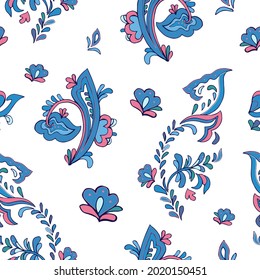 Seamless vector pattern with norwegian folk ornament. Rosemaling style. Hand drawn illustration. Background for greeting card, website, printing on fabric, gift wrap, postcard and wallpapers. 