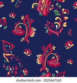 Seamless vector pattern with norwegian folk ornament. Rosemaling style. Hand drawn illustration. Background for greeting card, website, printing on fabric, gift wrap, postcard and wallpapers. 