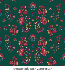 Seamless vector pattern with norwegian folk ornament. Rosemaling style. Hand drawn illustration. Background for greeting card, website, printing on fabric, gift wrap, postcard and wallpapers. 