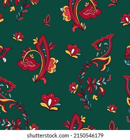 Seamless vector pattern with norwegian folk ornament. Rosemaling style. Hand drawn illustration. Background for greeting card, website, printing on fabric, gift wrap, postcard and wallpapers.