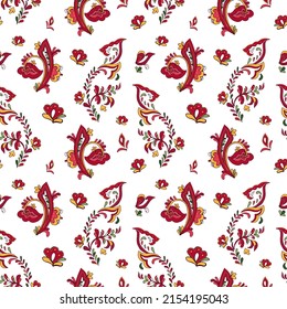 Seamless vector pattern with norwegian folk ornament. Rosemaling style. Hand drawn illustration. Background for greeting card, website, printing on fabric, gift wrap, postcard and wallpapers. 