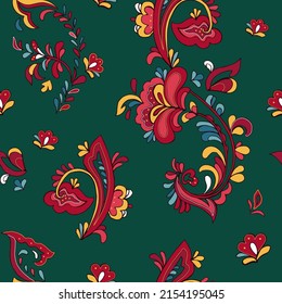 Seamless vector pattern with norwegian folk ornament. Rosemaling style. Hand drawn illustration. Background for greeting card, website, printing on fabric, gift wrap, postcard and wallpapers.