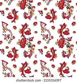 Seamless vector pattern with norwegian folk ornament. Rosemaling style. Hand drawn illustration. Background for greeting card, website, printing on fabric, gift wrap, postcard and wallpapers. 