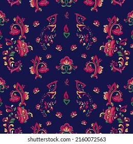 Seamless vector pattern with norwegian folk ornament. Rosemaling style. Hand drawn illustration. Background for greeting card, website, printing on fabric, gift wrap, postcard and wallpapers. 