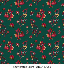 Seamless vector pattern with norwegian folk ornament. Rosemaling style. Hand drawn illustration. Background for greeting card, website, printing on fabric, gift wrap, postcard and wallpapers. 