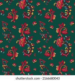 Seamless vector pattern with norwegian folk ornament. Rosemaling style. Hand drawn illustration. Background for greeting card, website, printing on fabric, gift wrap, postcard and wallpapers. 