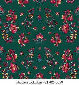 Seamless vector pattern with norwegian folk ornament. Rosemaling style. Hand drawn illustration. Background for greeting card, website, printing on fabric, gift wrap, postcard and wallpapers. 