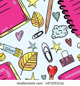 Seamless vector pattern with with notebook, pen, glue stick, leaf on blue background. Wallpaper, fabric and textile design. Cute wrapping paper pattern. Good for printing. Back to school idea.