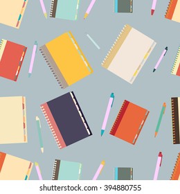 Seamless vector pattern "notebook and pen" in flat design.