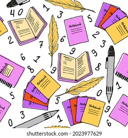 Seamless vector pattern with notebooks, feather and numbers. Colorful illustration in simple childish style. Good print for wallpaper, textile, wrapping paper, ceramic tiles