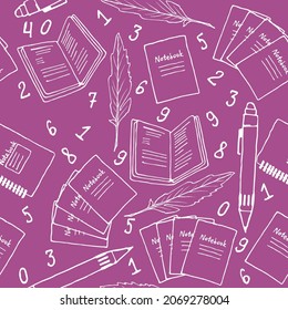 Seamless vector pattern with notebooks, feathers, and numbers. White lines on purple background in simple childish style. Good print for wallpaper, textile, wrapping paper, ceramic tiles