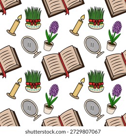 Seamless vector pattern of Nowruz symbols, including open books, hyacinths, candles, mirrors, and Sabzi.