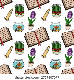 Seamless vector pattern of Nowruz traditional elements: Sabzi, candle, hyacinth, book, and goldfish in a bowl
