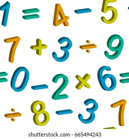 Seamless vector pattern with numbers from zero to nine and math symbols isolated on white background.