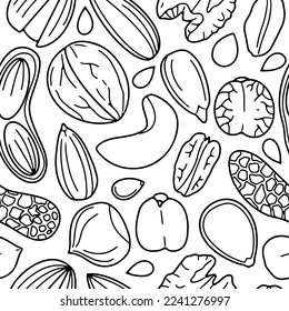 Seamless vector pattern with nuts and seeds. Hand drawn illustration.