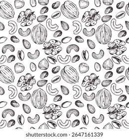 Seamless vector pattern. Nuts, walnuts, hazelnuts, cashews, almonds, and pistachios, all objects are hand-drawn in vector. For printing on fabric, paper, for food packaging design.