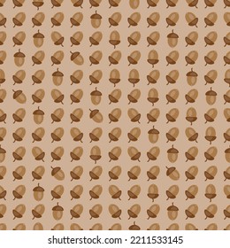 Seamless vector pattern with oak acorns on beige background. Autumn, earth colors illustration for print, fabric, wrapping paper.