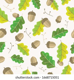 Seamless vector pattern with oak leaves and acorns. Vector Wallpaper. Spring Botanical background.