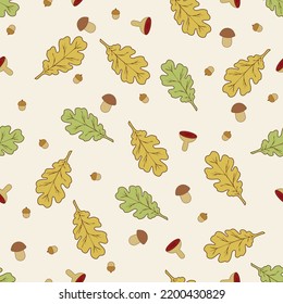 Seamless vector pattern with oak leaves and mushrooms on a light background.