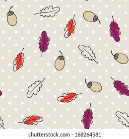 Seamless vector pattern with oak leaves,acorns and polka dot.