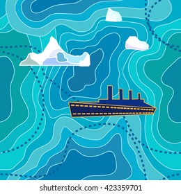Seamless vector pattern with ocean waves, ship and icebergs. Marine textile collection.