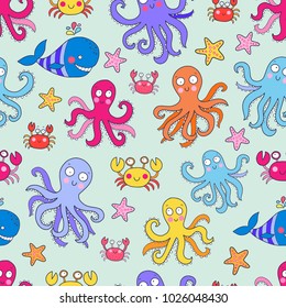 Seamless vector pattern with octopus. Sea world texture. Lovely vector illustration. Good for fabric, textile, wrapping paper for children.