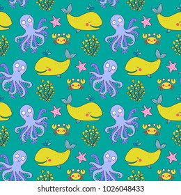Seamless vector pattern with octopus. Sea world texture. Lovely vector illustration. Good for fabric, textile, wrapping paper for children.