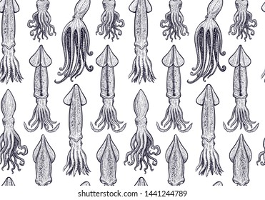 Seamless vector pattern with octopus and squid. Hand drawn under water sea animals. Engraving vintage style of illustrations.