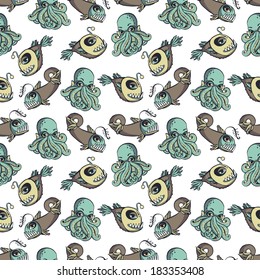 Seamless vector pattern with octopuses and fishes.
