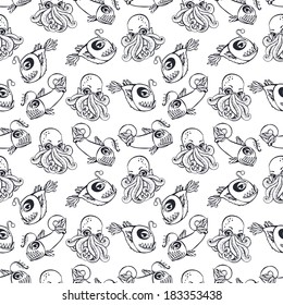 Seamless vector pattern with octopuses and fishes.