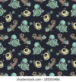 Seamless vector pattern with octopuses and fishes.