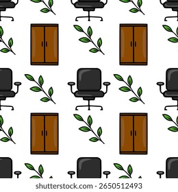 Seamless vector pattern of office chairs, wooden cabinets, and green leaves, creating a minimalist and fresh office environment illustration.