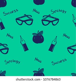 Seamless vector pattern with office set on a green background.