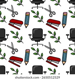 Seamless vector pattern of office supplies and green leaves, featuring a stapler, pencil, scissors, and office chair, perfect for backgrounds and stationery designs.