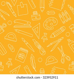 Seamless vector pattern of office supplies on a yellow background, painted by hand.