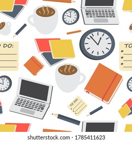 Seamless Vector Pattern of office, work or school symbols on white background: computer, coffee, journal, to do list, clock, books, pencil. Flat graphics for banners, textures, clothes design . EPS 10